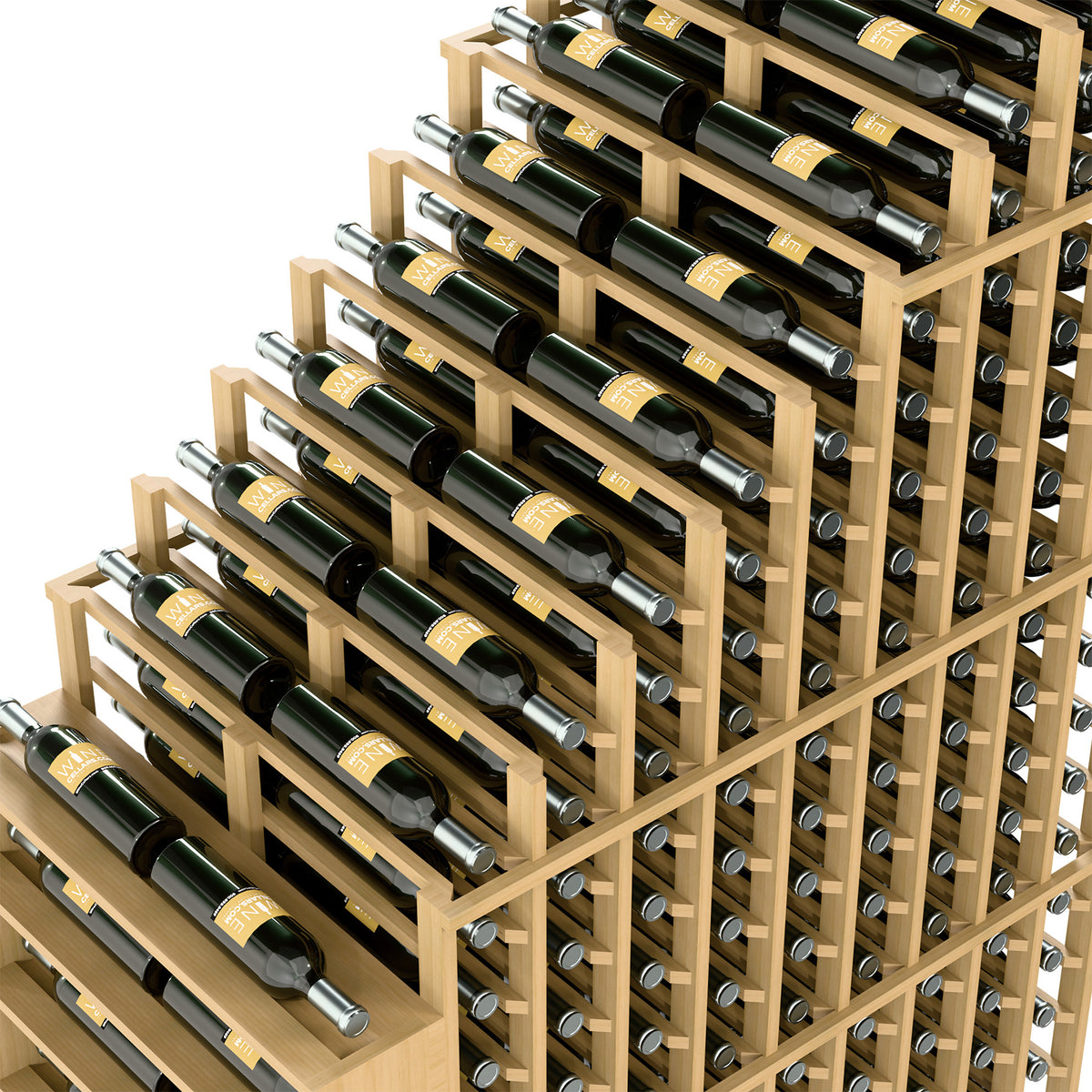 Detail view of light wood double-deep wine rack with rows of bottles and steel pegs