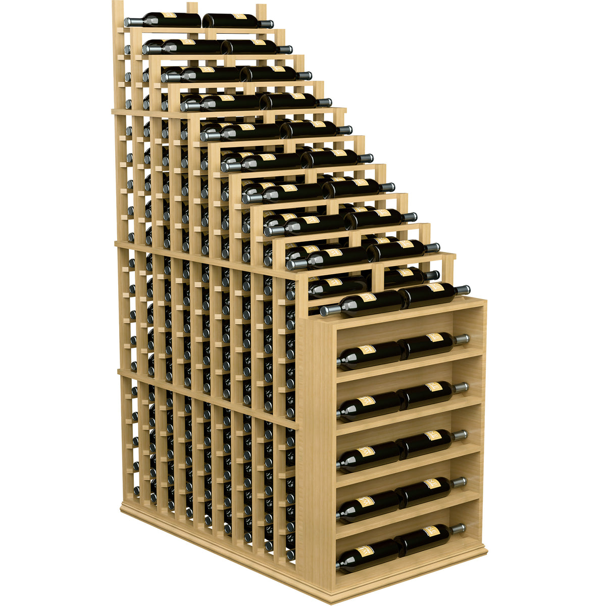 Freestanding double-deep wine rack with endcap in light wood, staggered bottle compartments