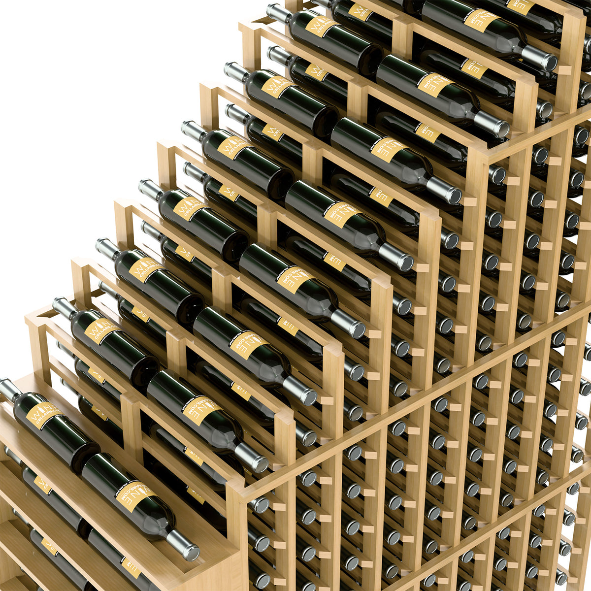 Close-up of light wood double-deep wine rack showing bottle cradles and peg holes