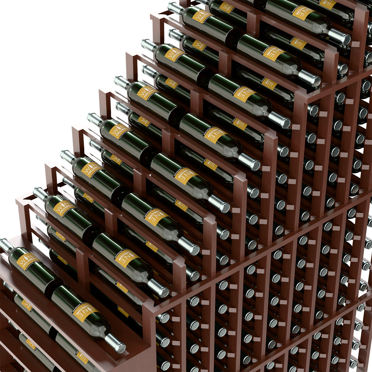 Cascading double deep wine rack corner view, dark wood slats and silver bottle rods