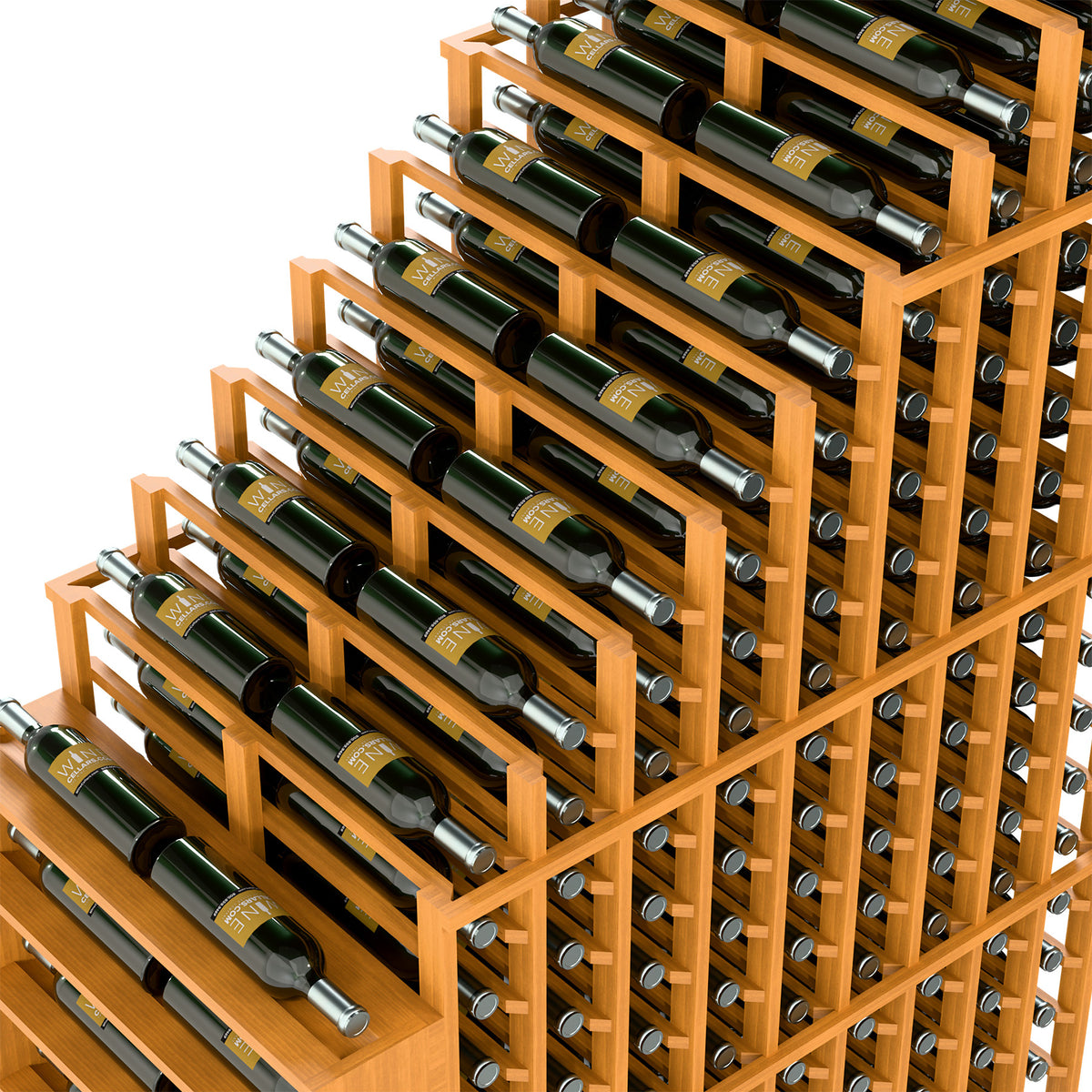 Cascading double deep wine rack angled view, light wood shelves and silver bottle rods