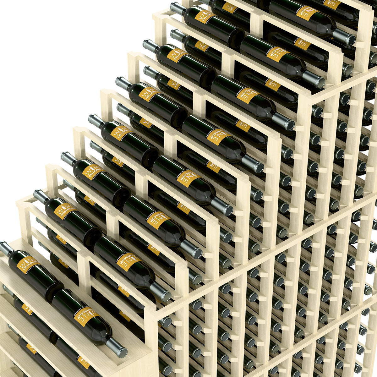 Cascading double deep wine rack corner view, white slats and silver bottle holding rods