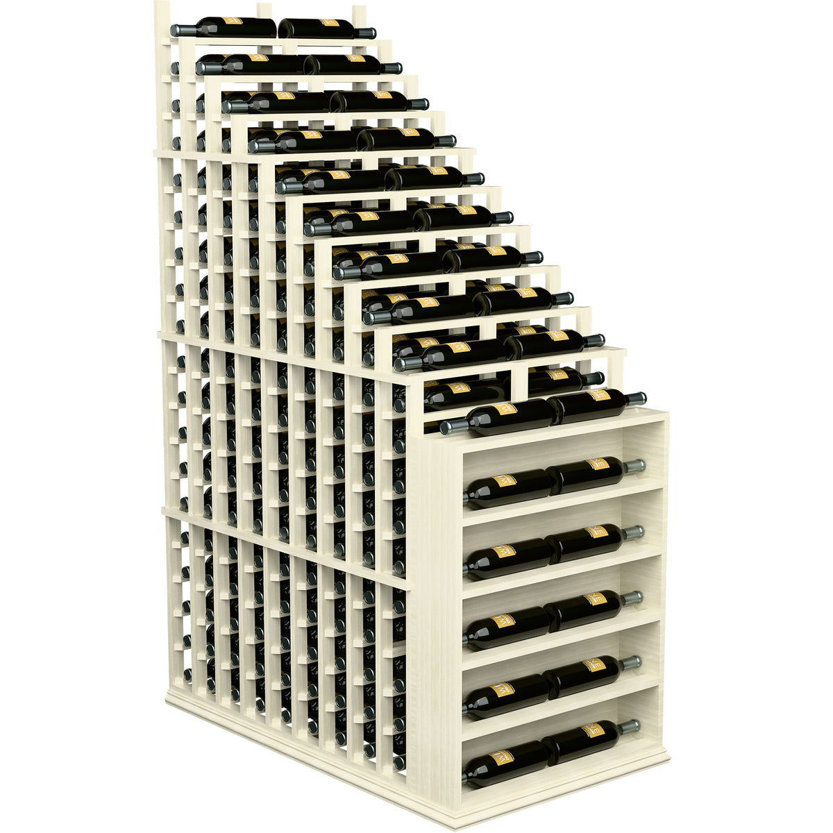 Cascading waterfall double deep wine rack with endcap, white frame, organized bottle storage