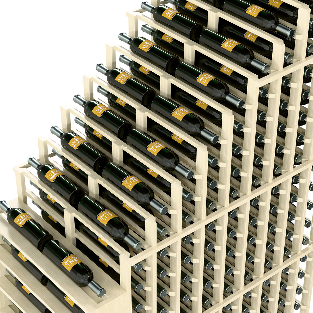 Cascading double deep wine rack close-up, white shelves with metal bottle rods and bottles