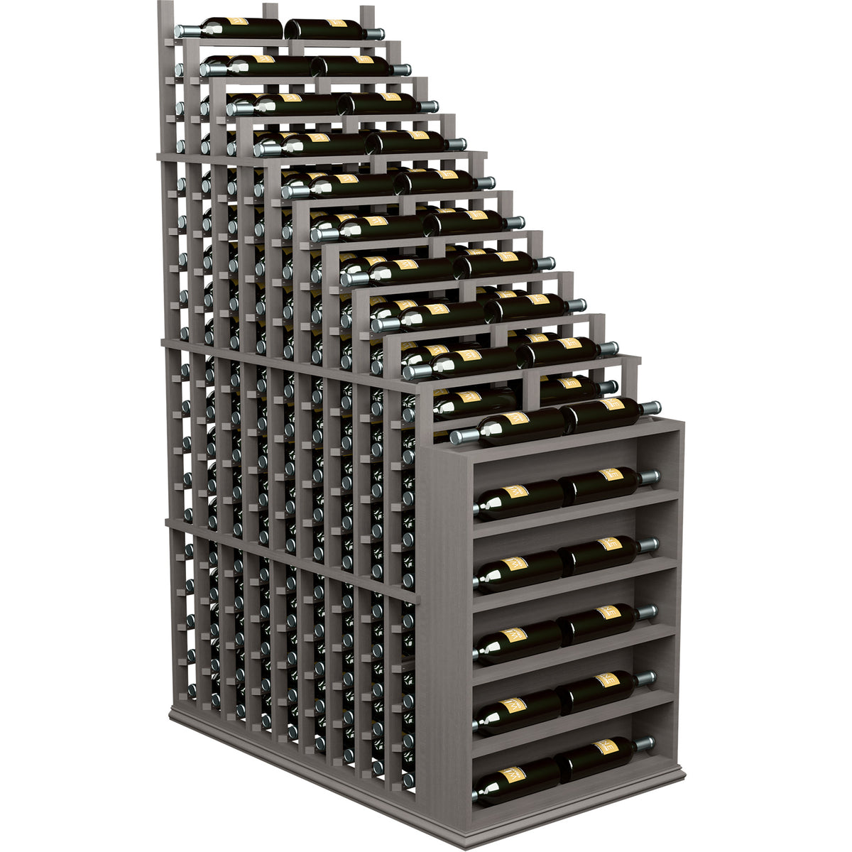 Double deep waterfall wine rack with gray frame and front rows for bottles