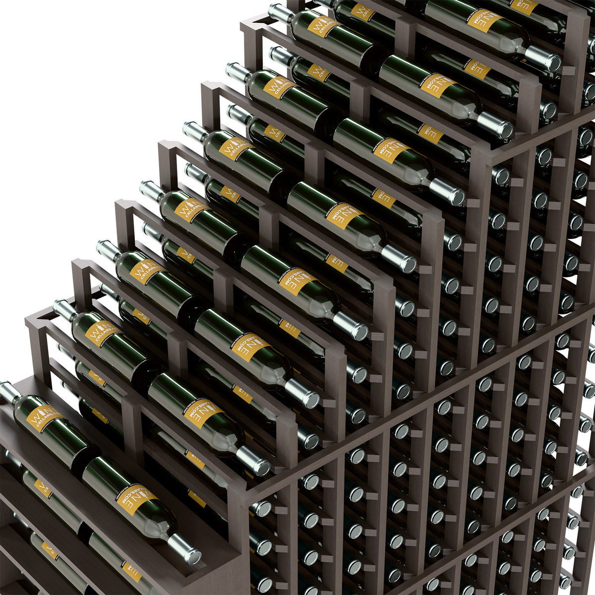 Double deep wine rack with dark gray frame and metal pegs holding bottles