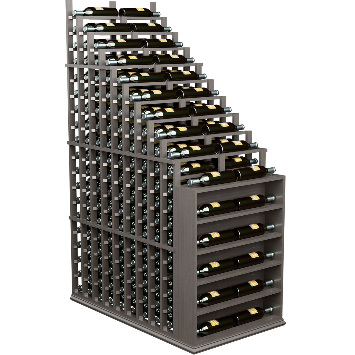 Double deep waterfall wine rack with gray frame, end section, and bottle rows