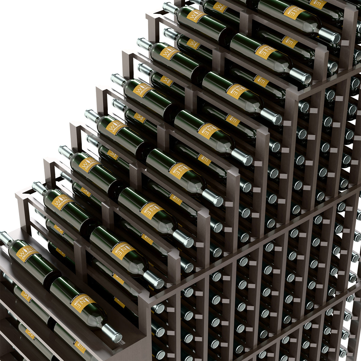 Double deep wine rack with dark gray frame and silver holders for bottles