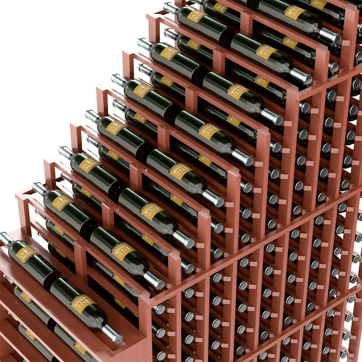 Double deep wine rack with warm red-brown frame and metal peg bottle holders