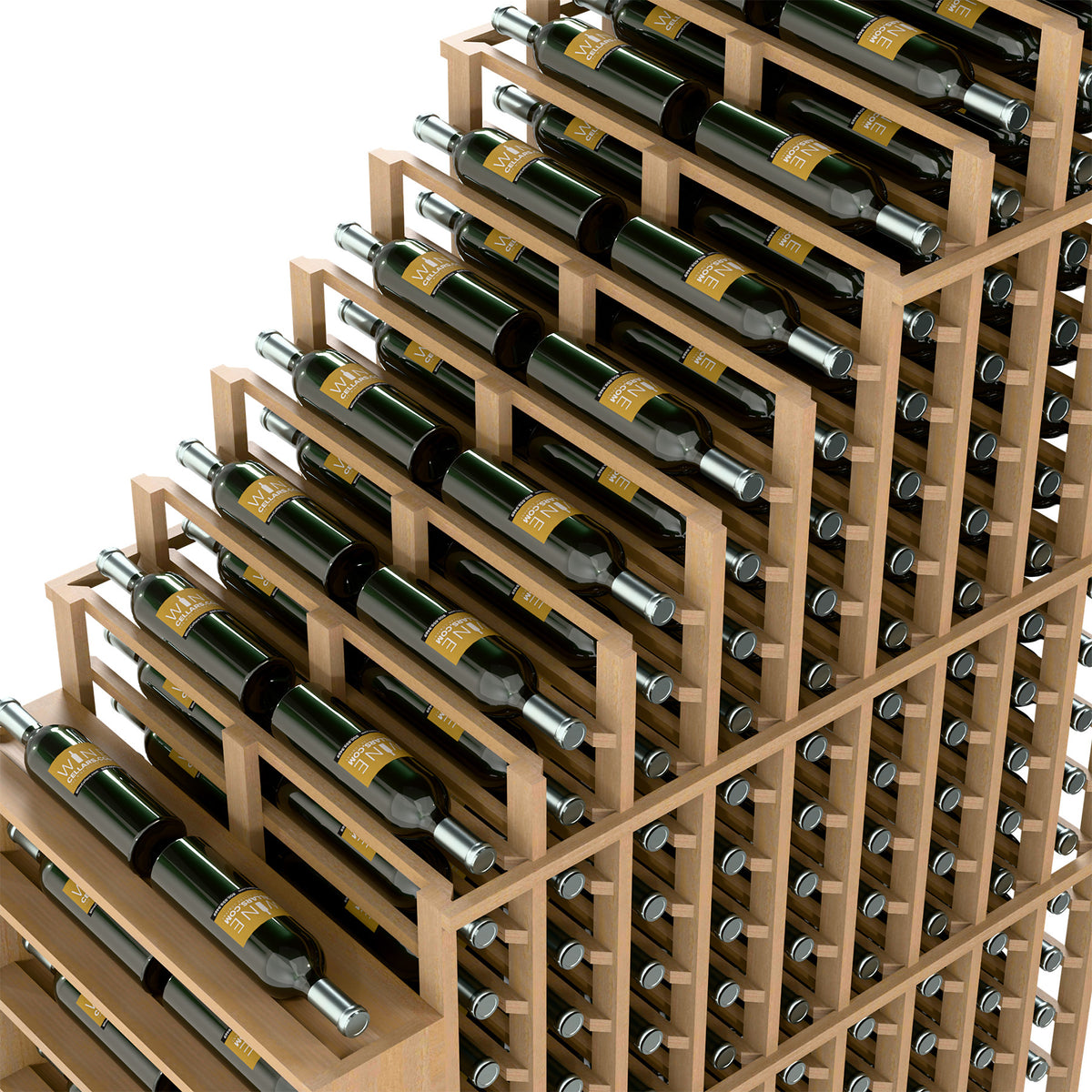 Double deep wine rack with light beige frame and bottle holders across angled racks