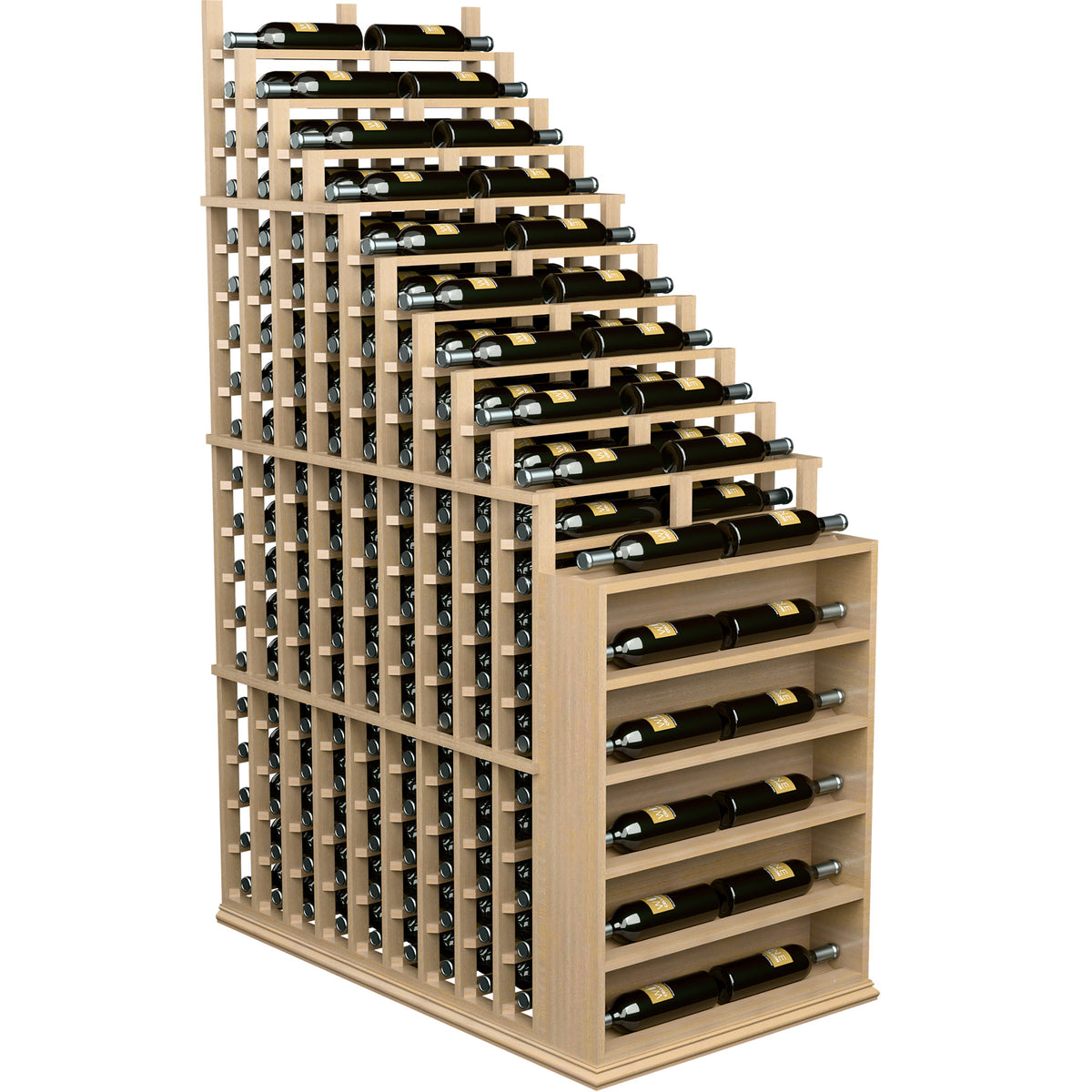Wood wine rack with cascading bottle rows and end panel, holds bottles upright