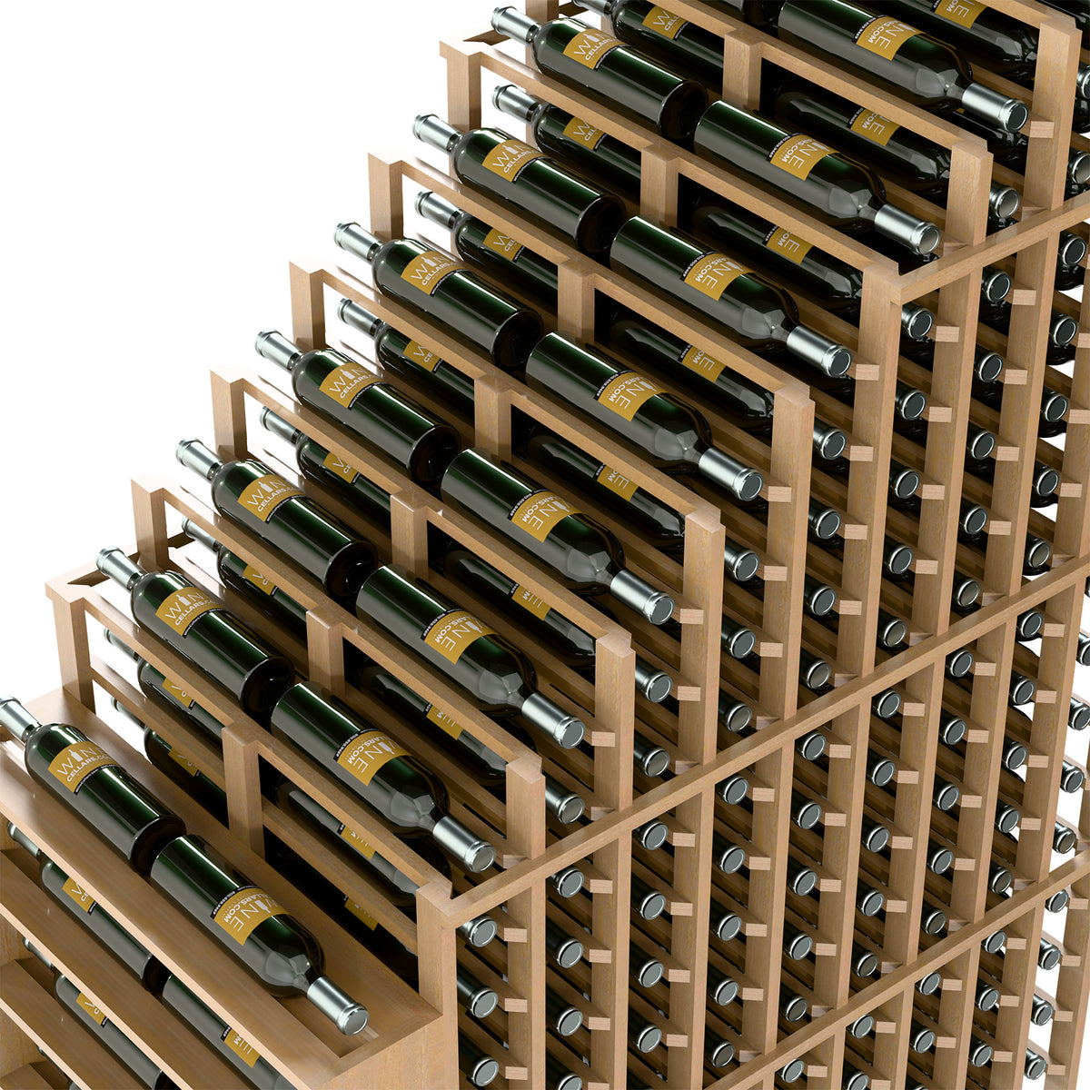 Wood wine rack close-up of cascading rows with metal bottle holders and bottles