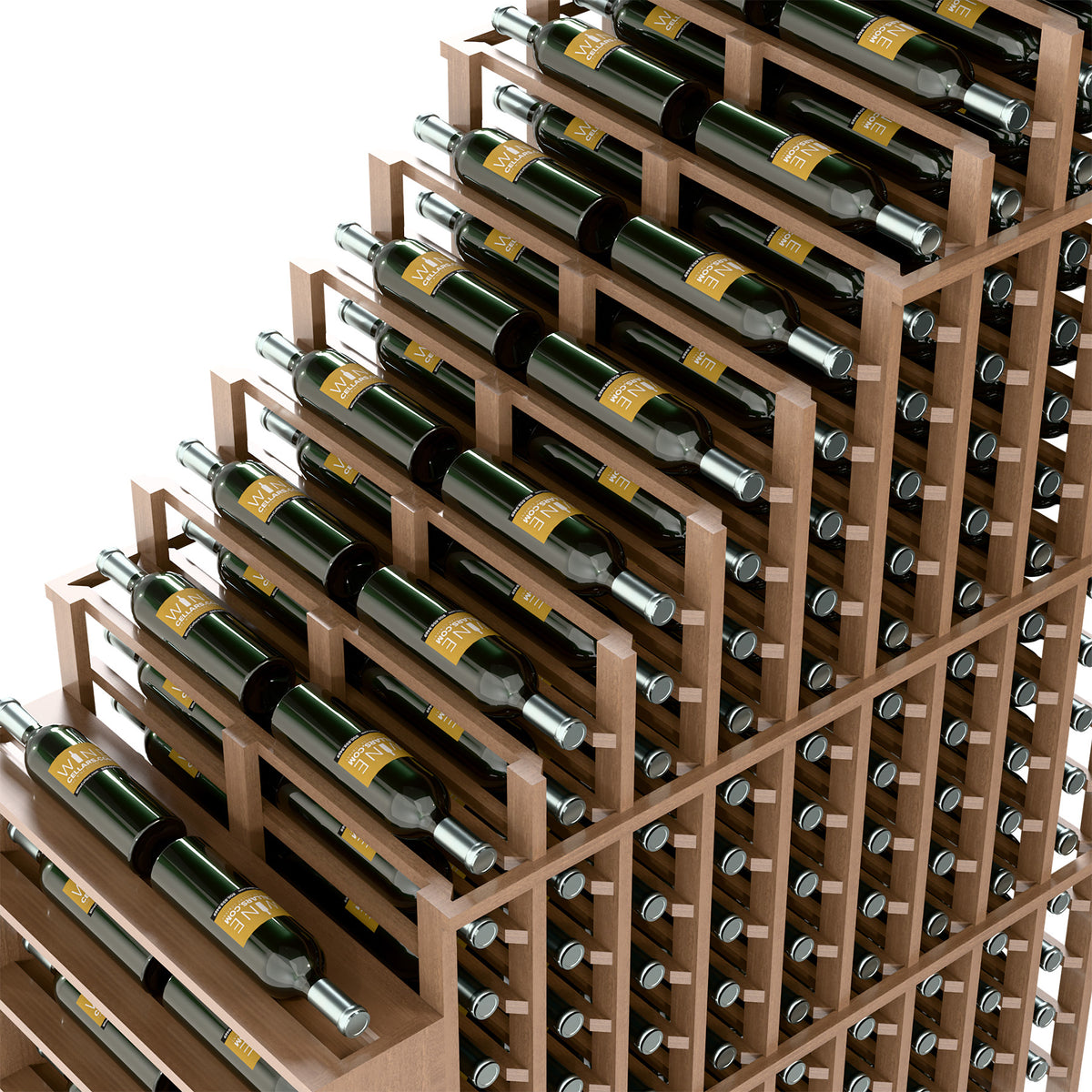 Wood wine rack close-up with multiple cascading rows and metal bottle holders