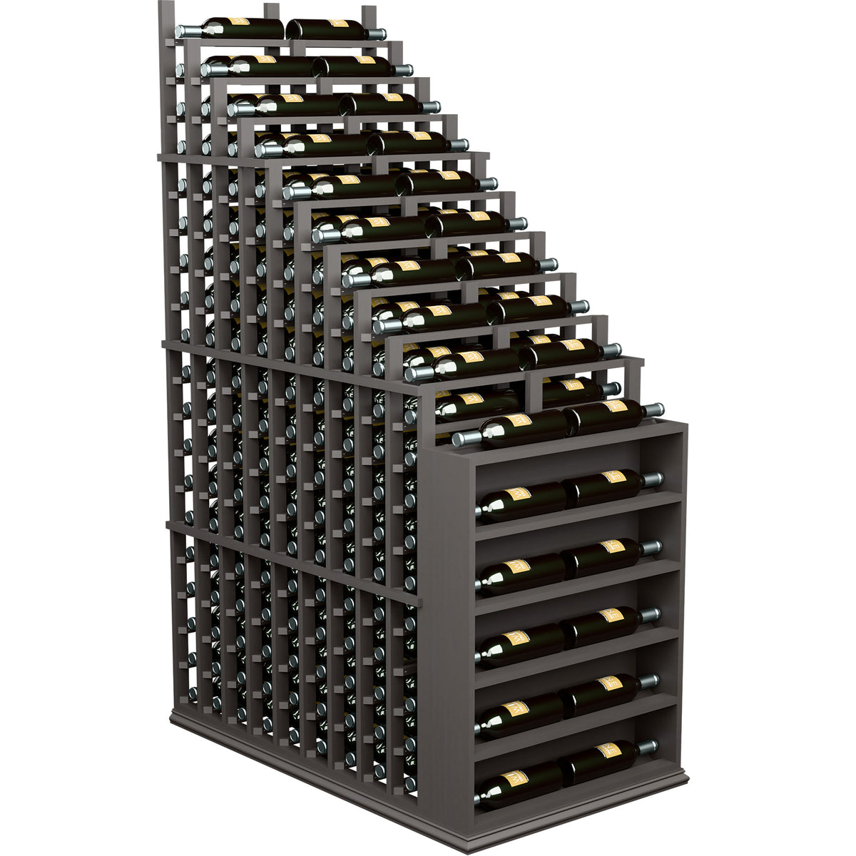 Dark wood wine rack with cascading bottle rows and metal bottle holder grid