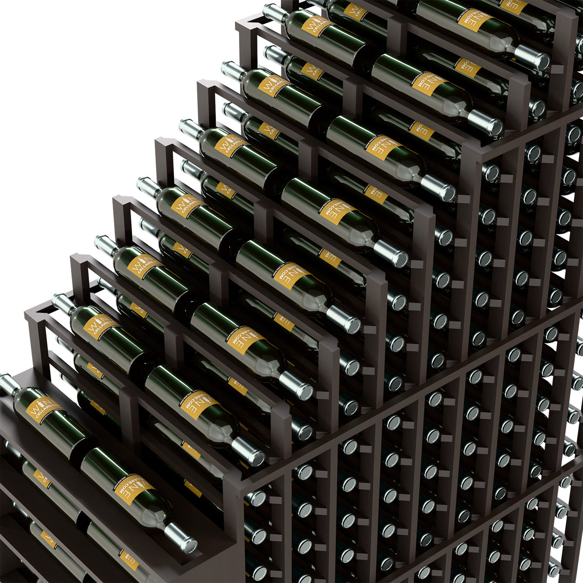 Dark wood wine rack close-up of cascading shelves with metal bottle holders