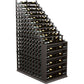 Dark wood wine rack with cascading bottle shelves and vertical end grid