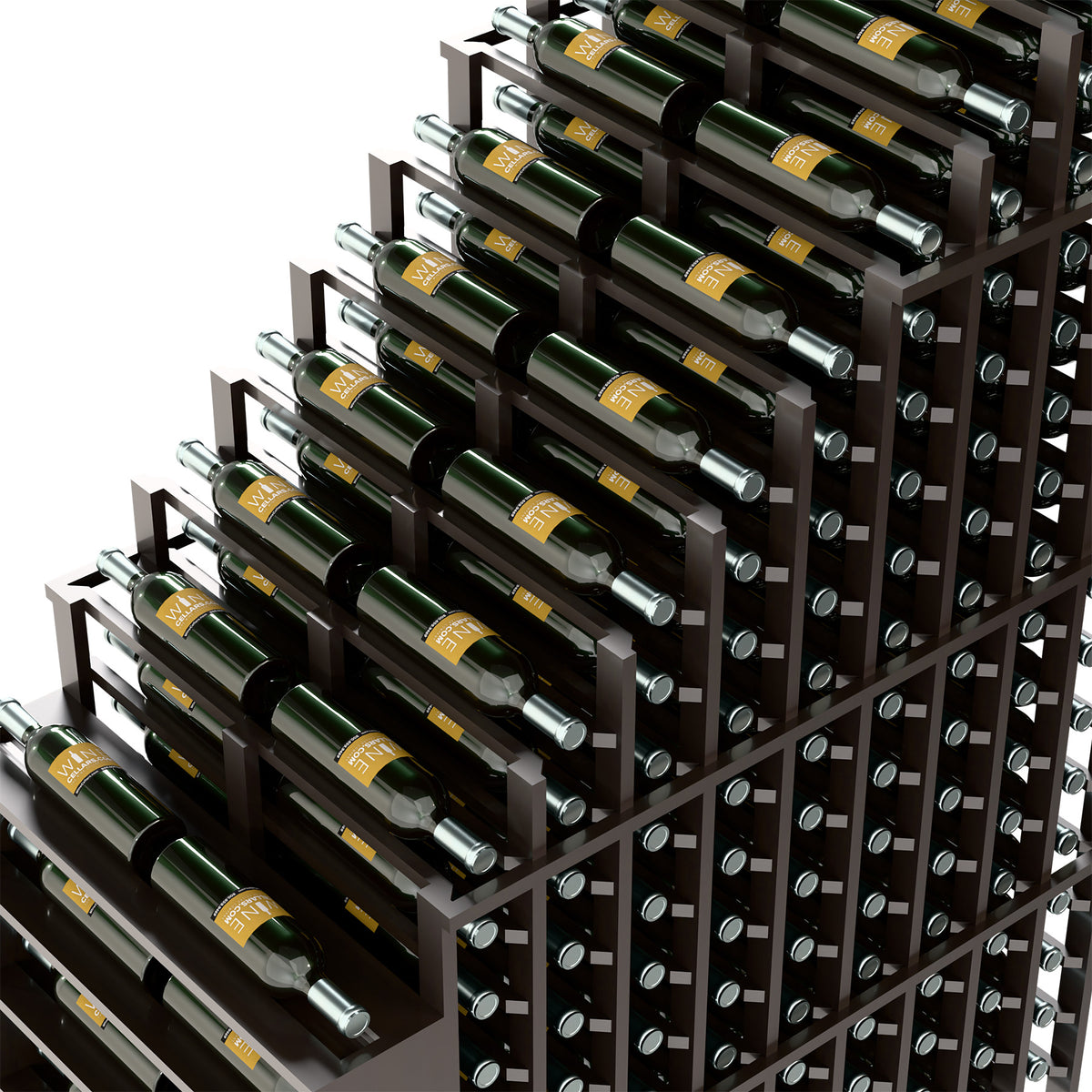 Dark wood wine rack close-up showing cascading rows and metal bottle holder pegs