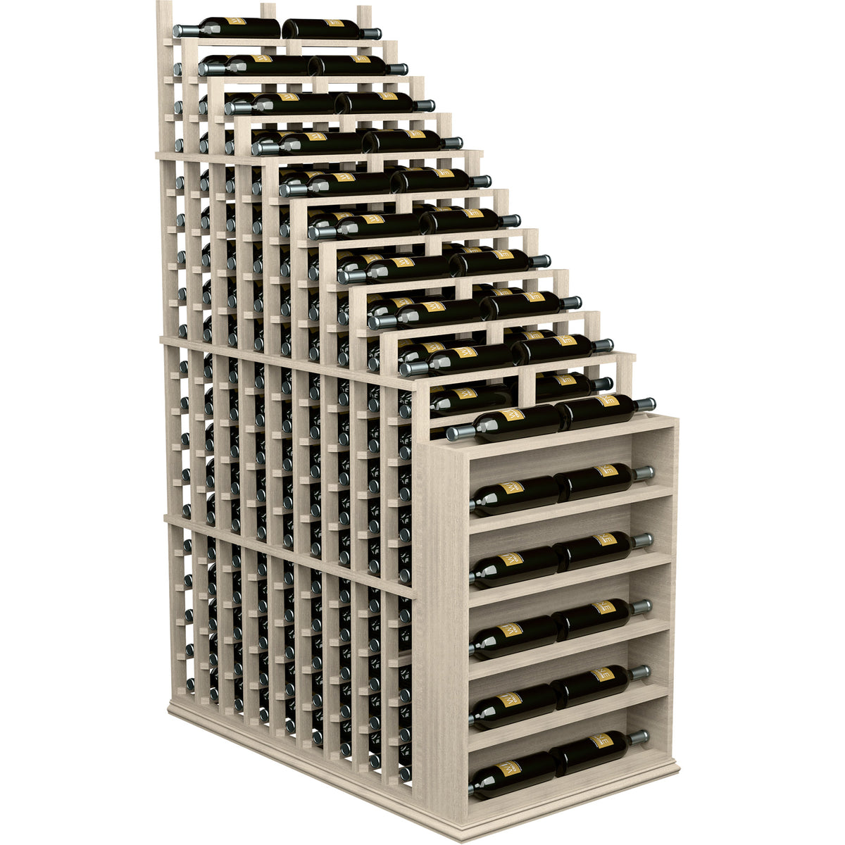 Cascading double-deep wine bottle rack with endcap, gray wood frame and metal bottle pegs