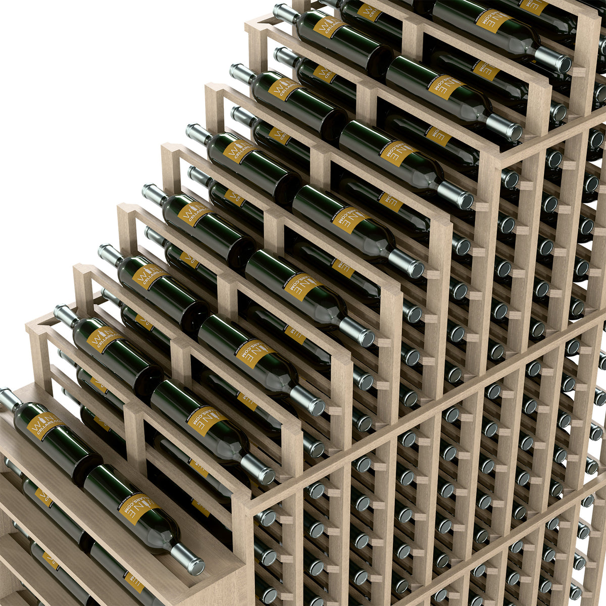 Double-deep wine bottle rack detail with green bottles on staggered horizontal rails