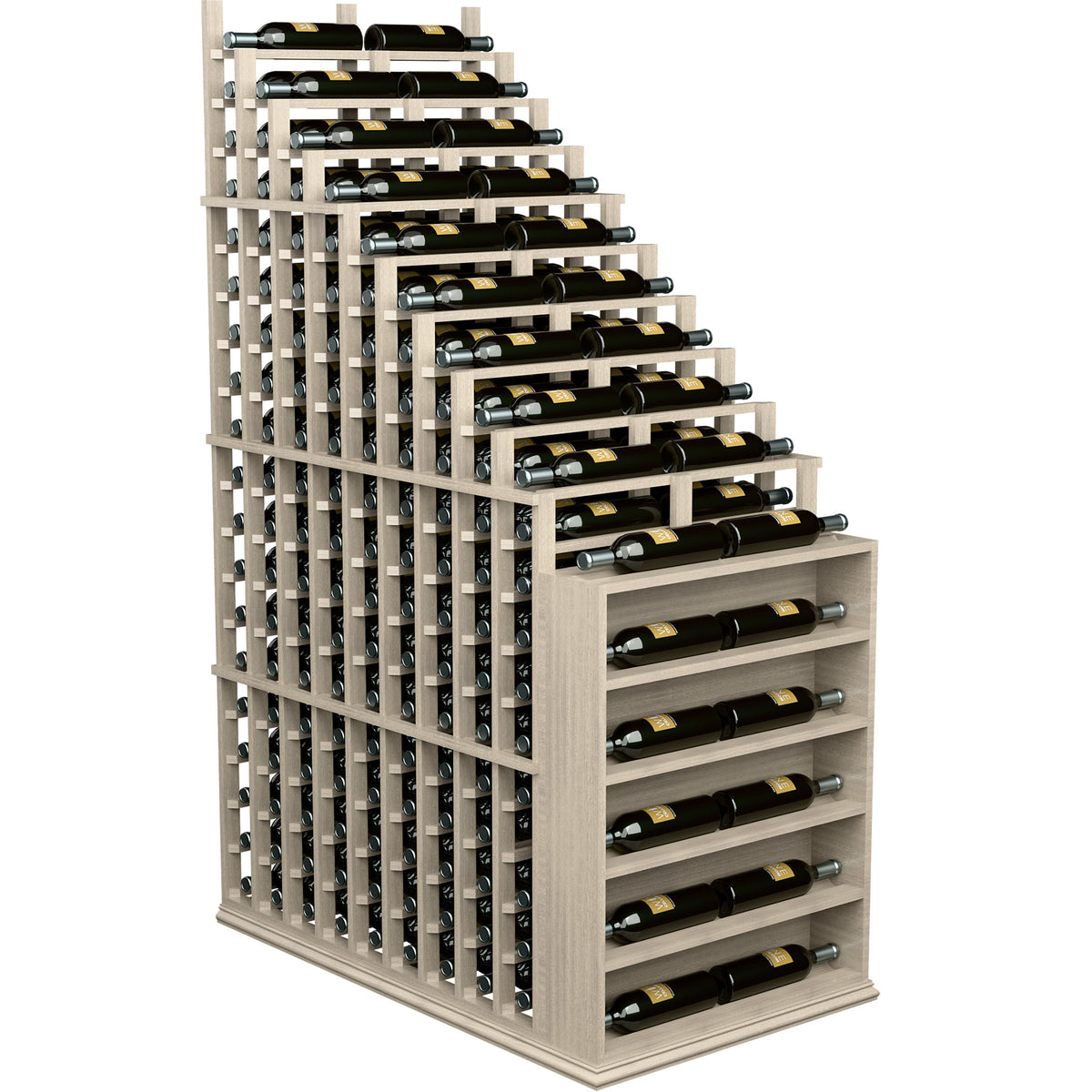 Cascading double-deep wine bottle rack with endcap, light wood frame and metal pegs