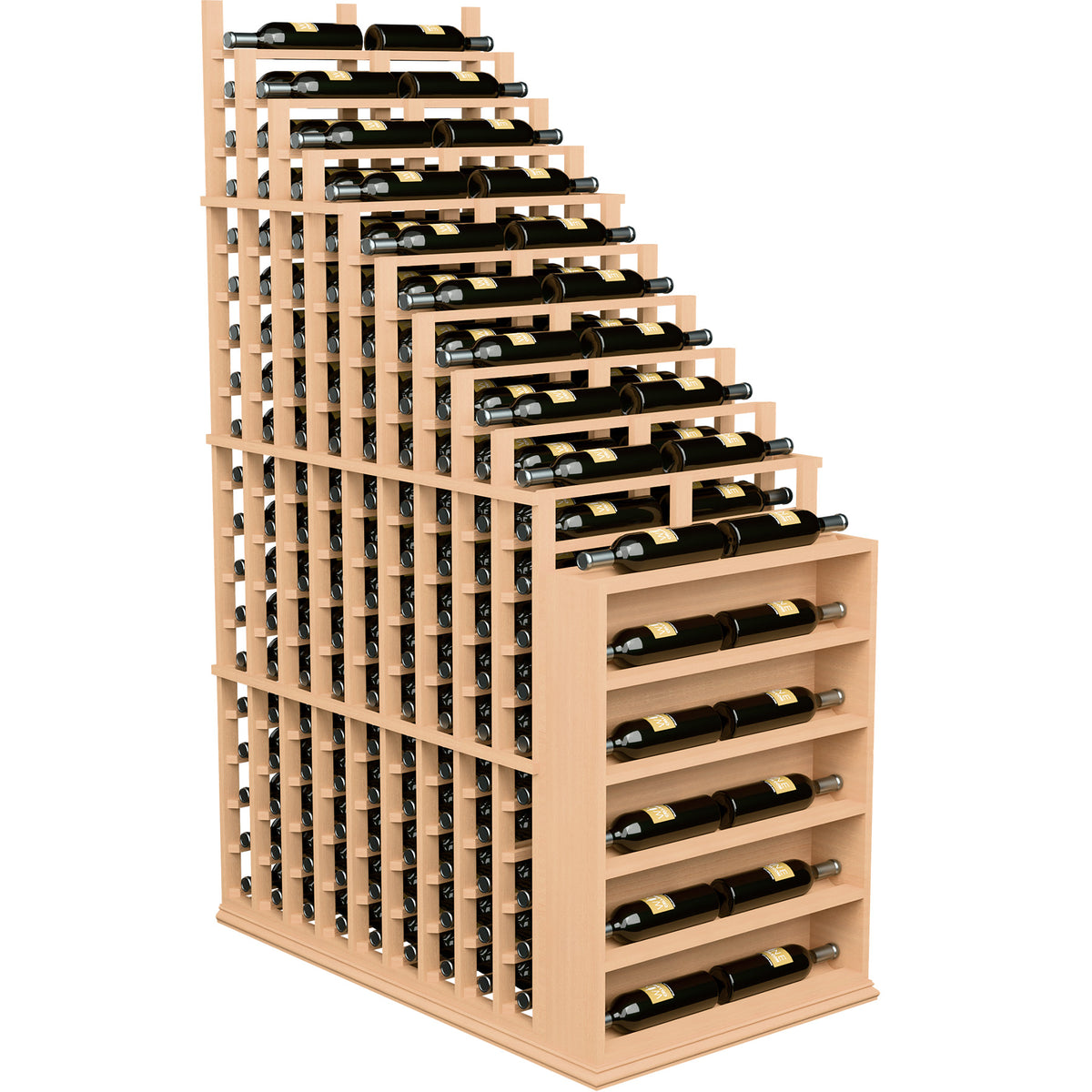 Cascading double-deep wine bottle rack with endcap, light wood frame and bottle pegs
