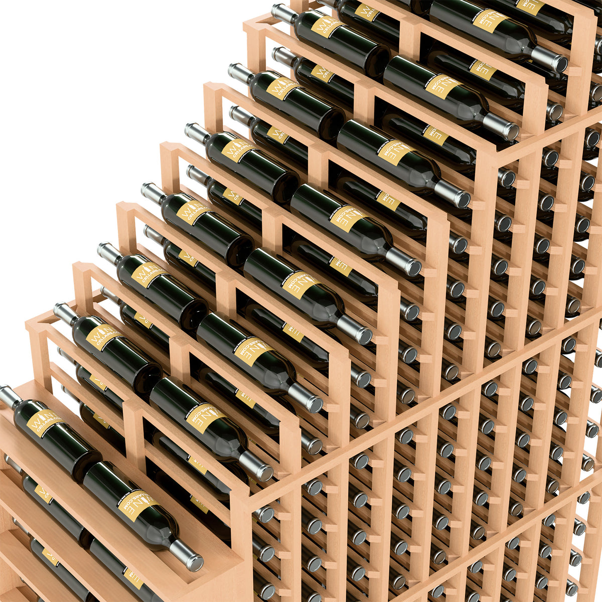 Double-deep wine bottle rack close-up with stacked bottle rows and metal support pins