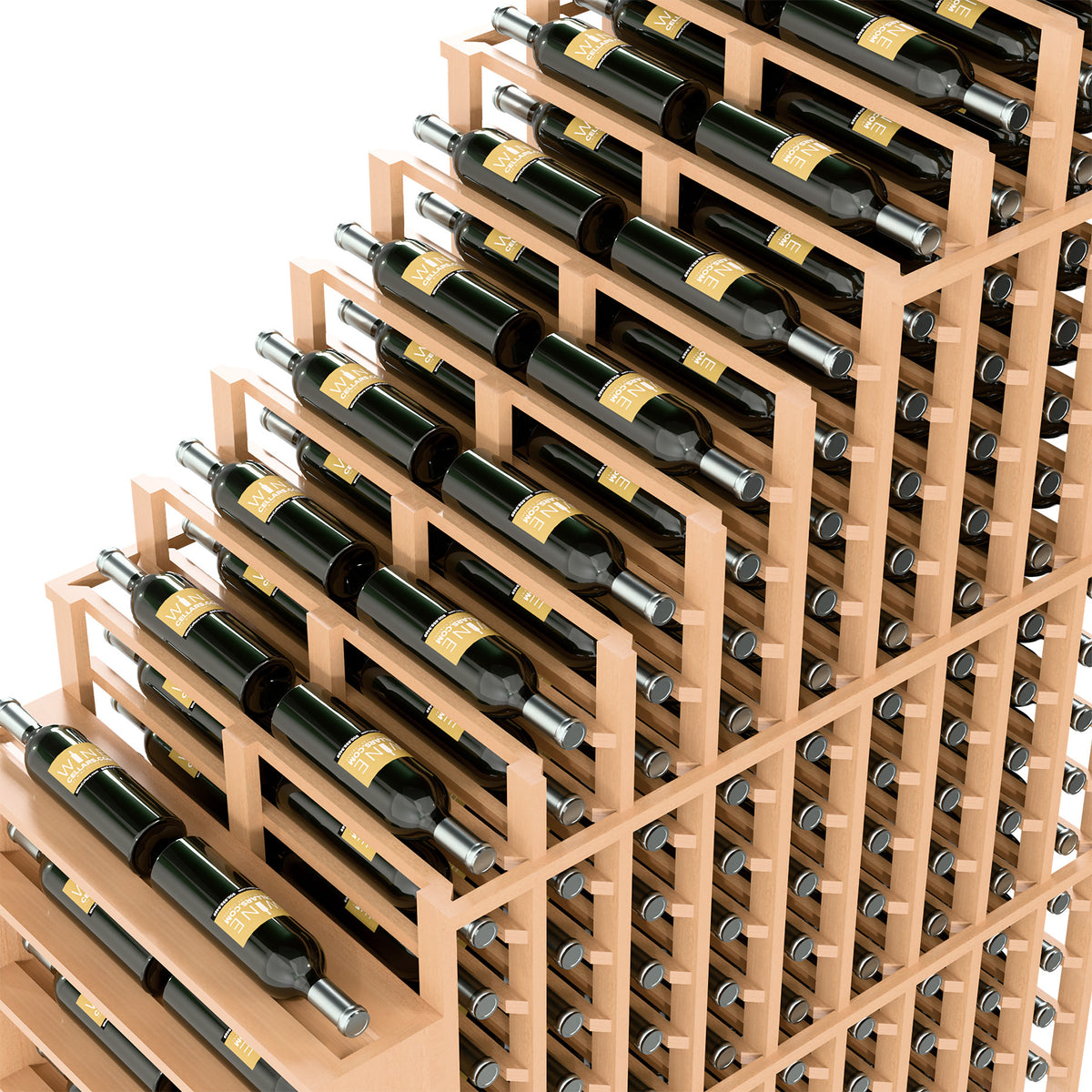Double-deep wine bottle rack detail showing staggered rows and round metal holders