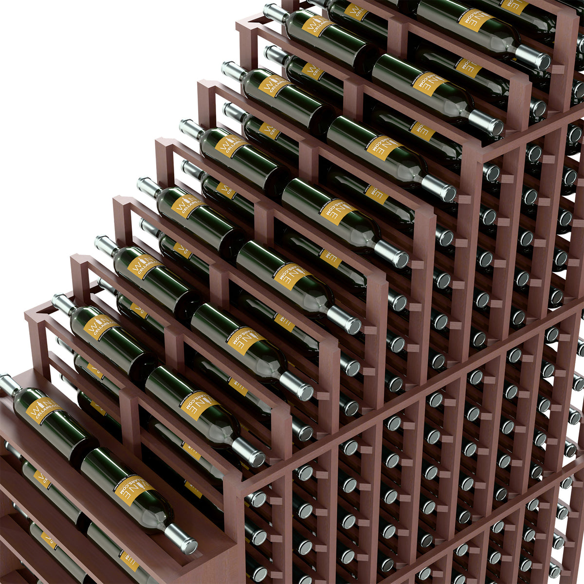 Double-deep wine bottle rack close-up with staggered rails, bottle neck holders, and pegs