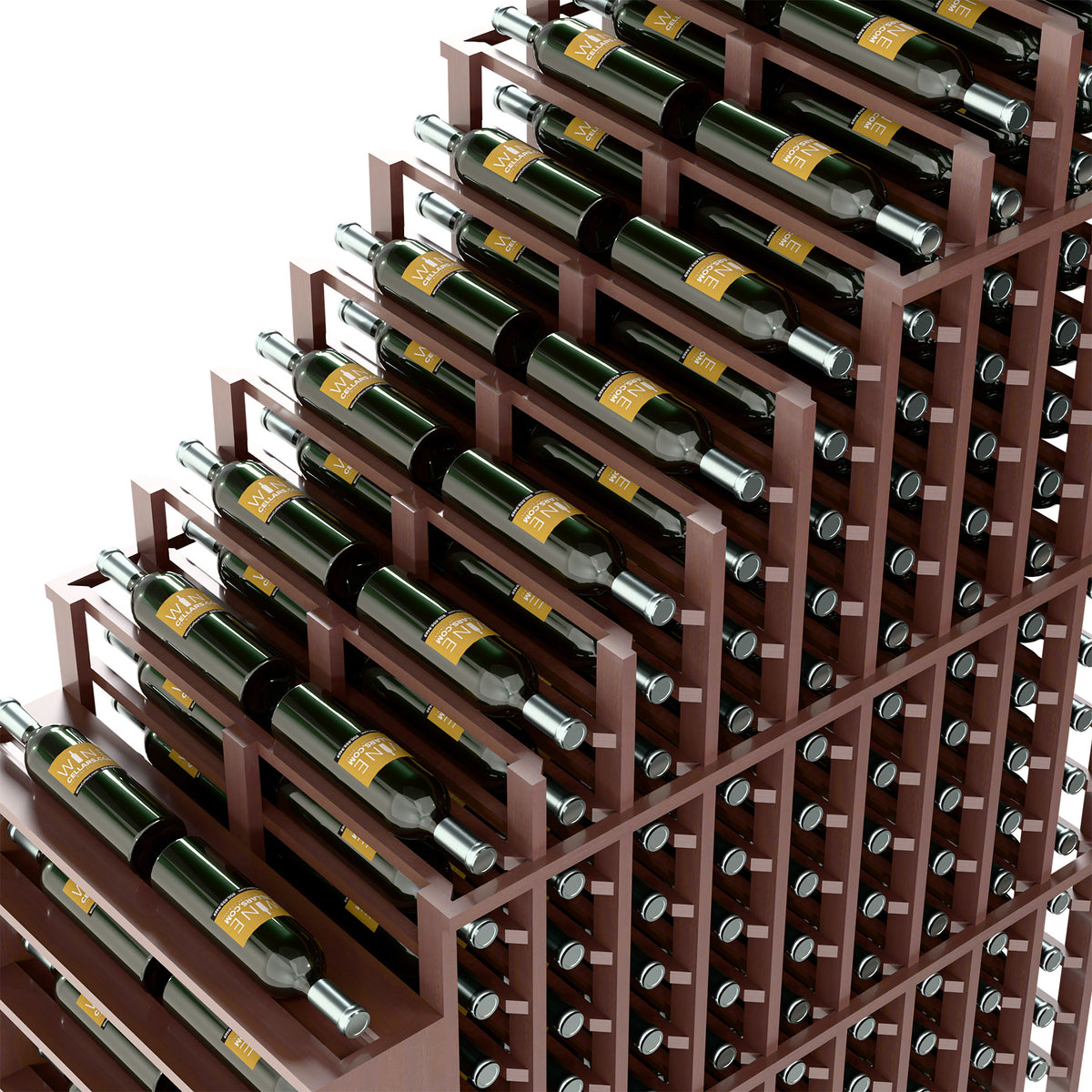 Close-up of dark wood double deep wine rack with metal rods holding bottles in rows.