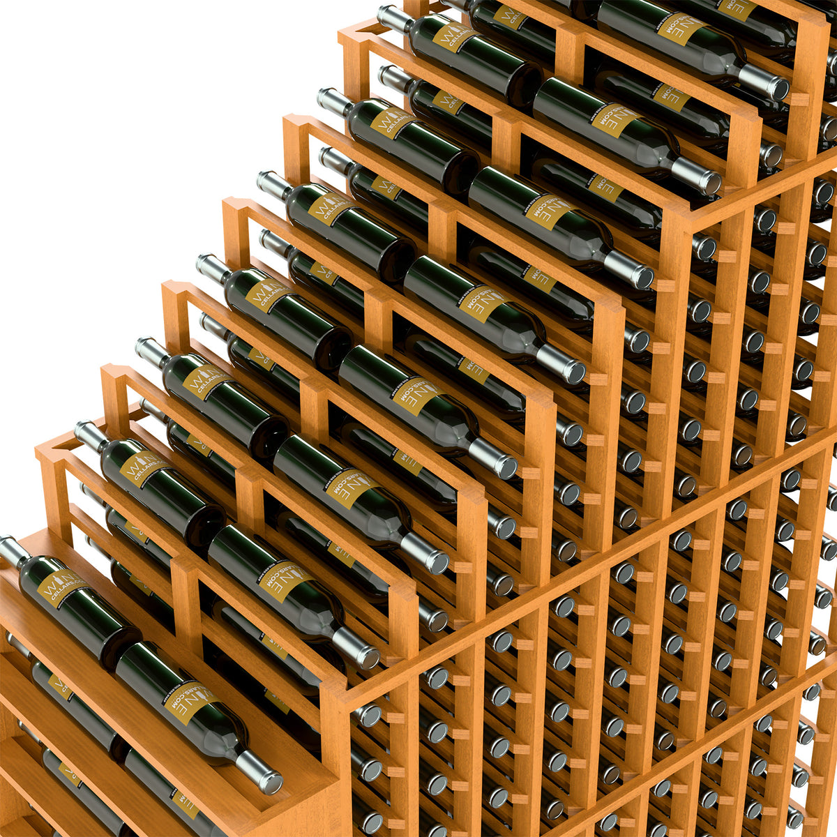 Close-up of light wood double deep wine rack with metal rods holding bottles in rows.