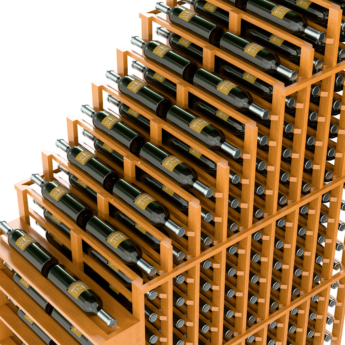 Angled view of light wood double deep wine rack with metal rods and bottle cradles.