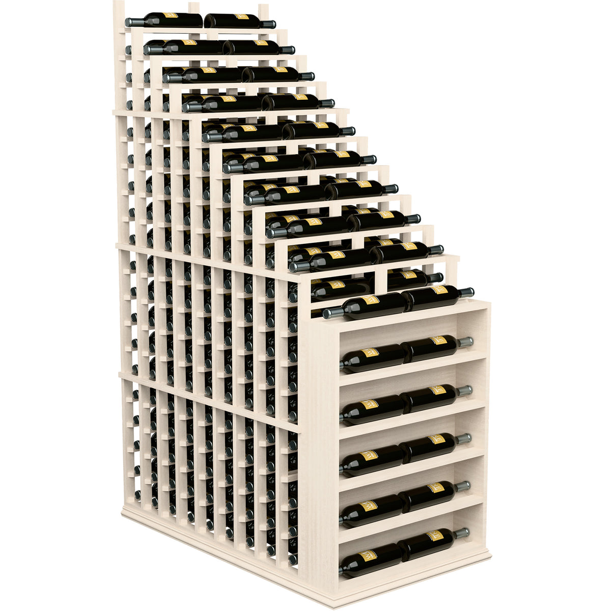 White double deep wine rack with endcap, vertical grid supports for bottles.