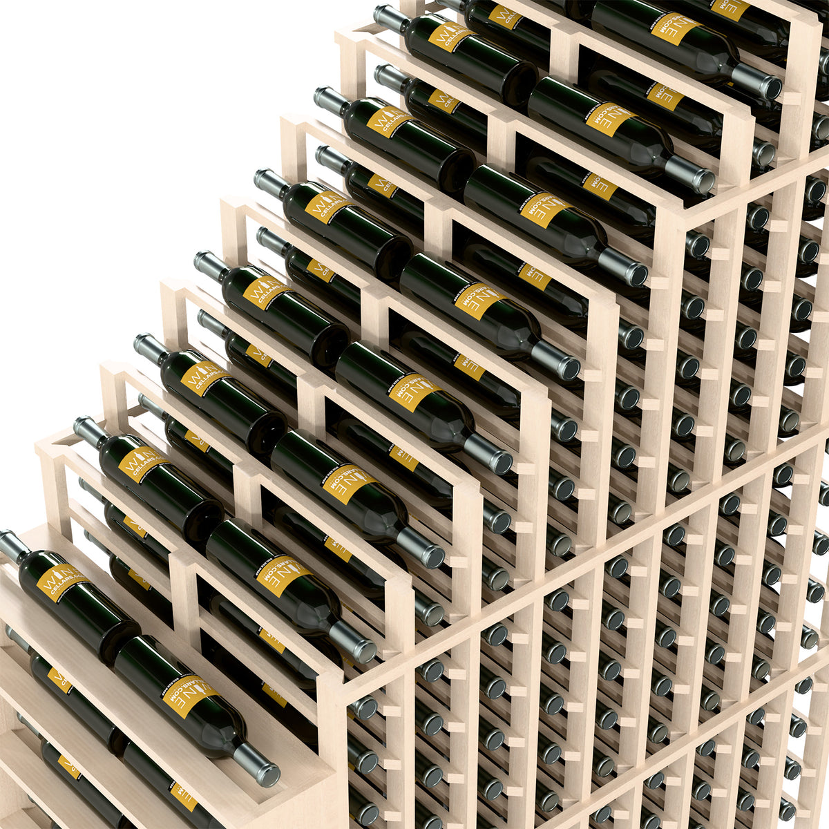 Close-up of white double deep wine rack with metal rods and bottle cradles.