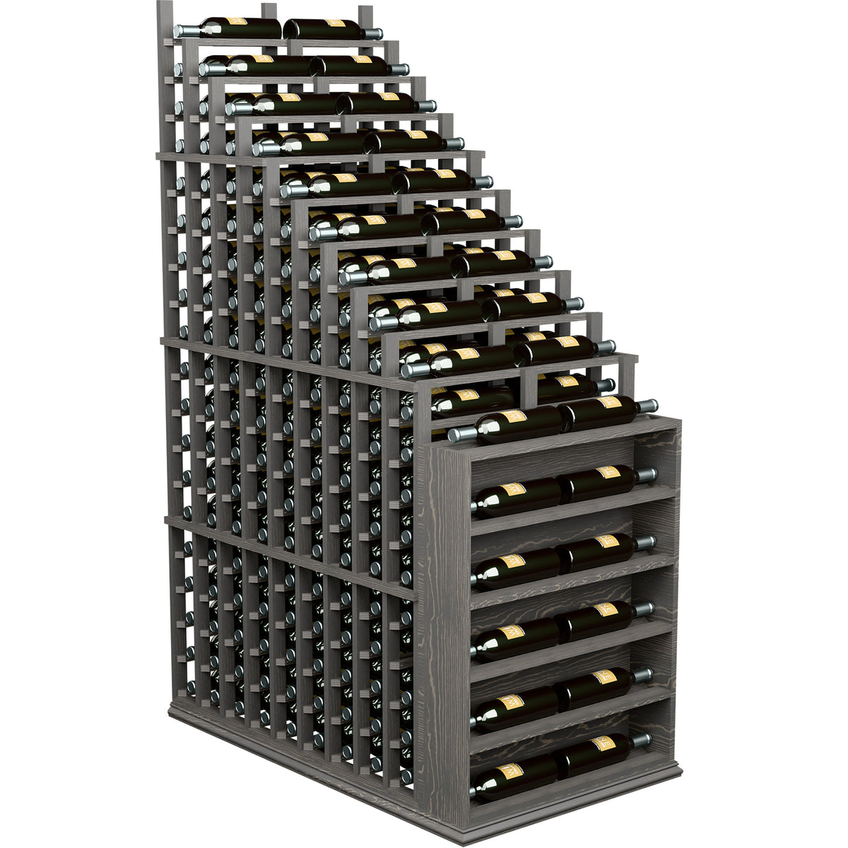 Double deep wine rack with dark gray shelves and metal bottle holders, endcap sides.