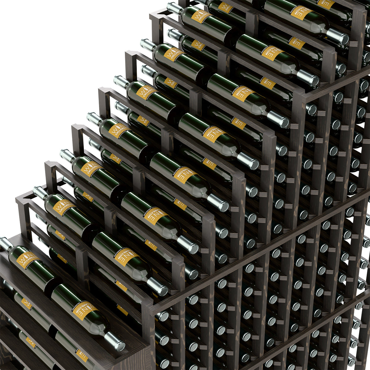 Double deep wine rack close-up with dark wood rows and metal circular bottle pegs.