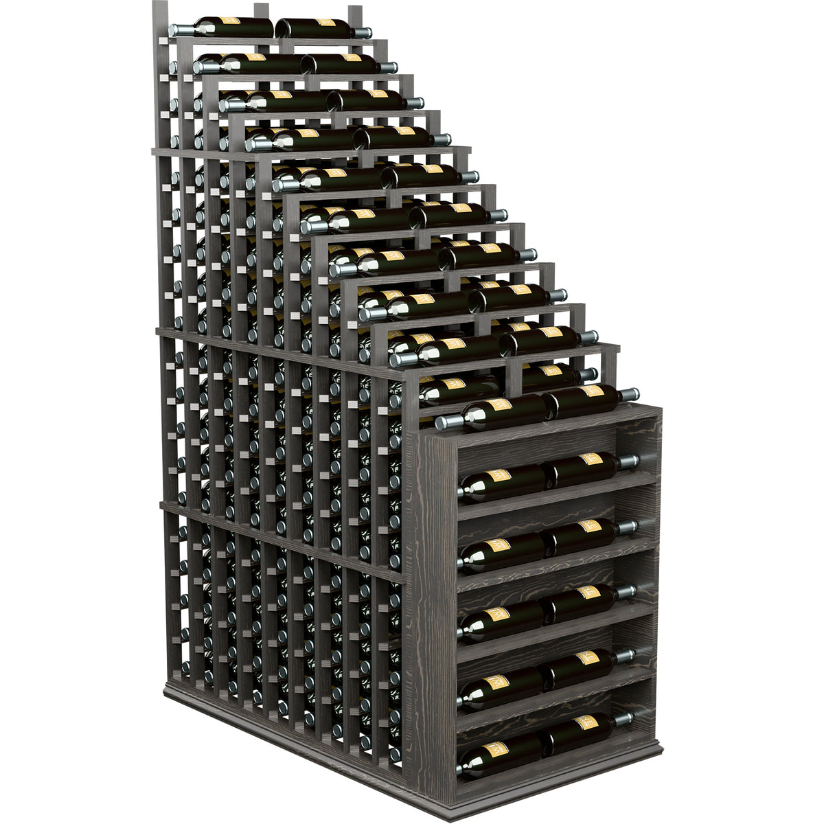Double deep wine rack with dark gray frame, metal rods, and endcap side panel.