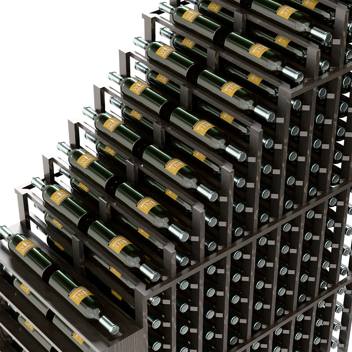 Double deep wine rack detail showing metal bottle pegs and stacked bottle storage rows.