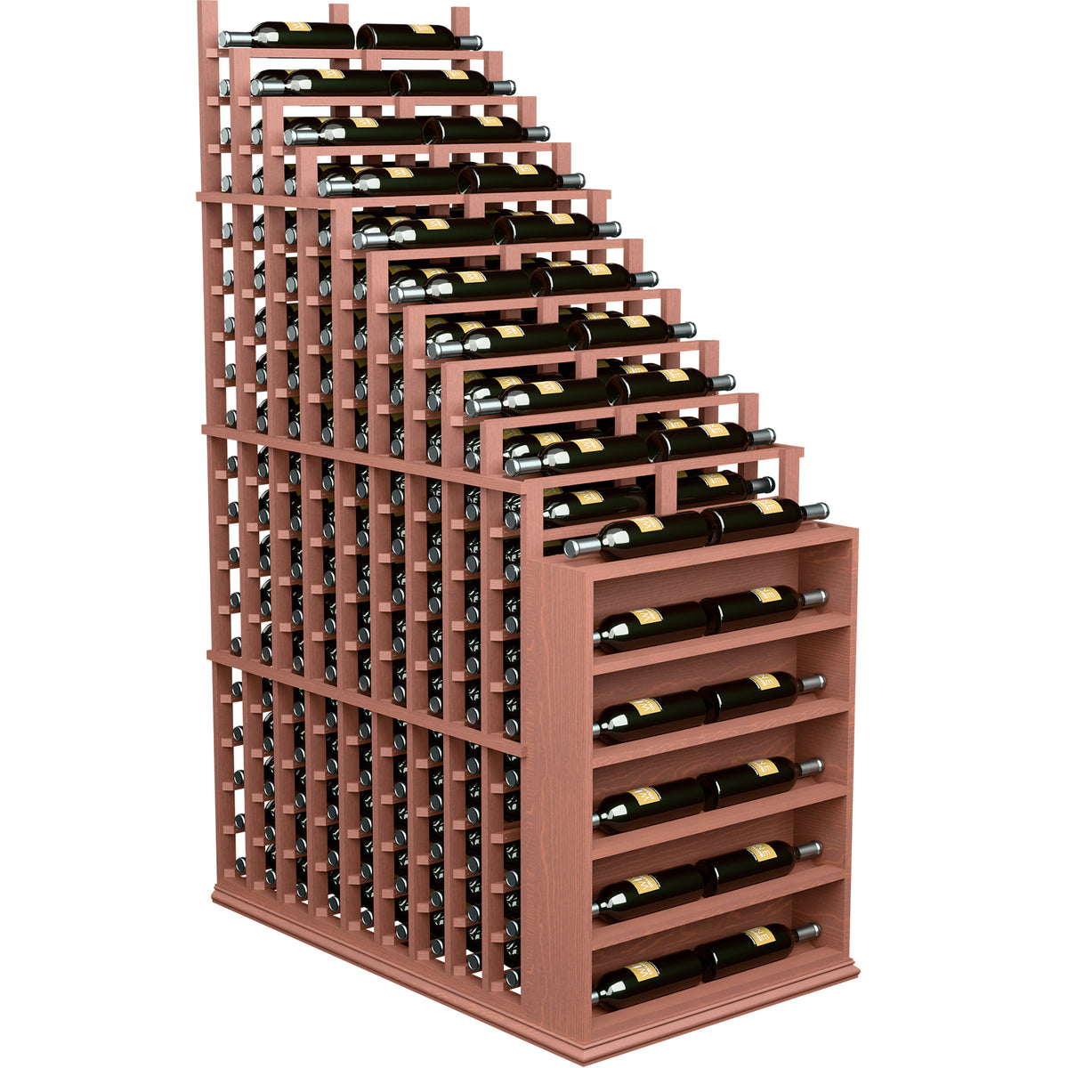 Double deep wine rack with reddish wood frame, metal bottle holders, and endcap panel.
