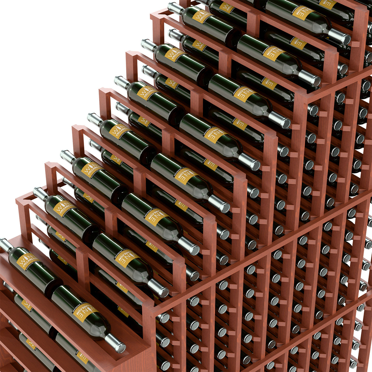Double deep wine rack close-up with reddish wood slats, metal pegs, and bottle rows.