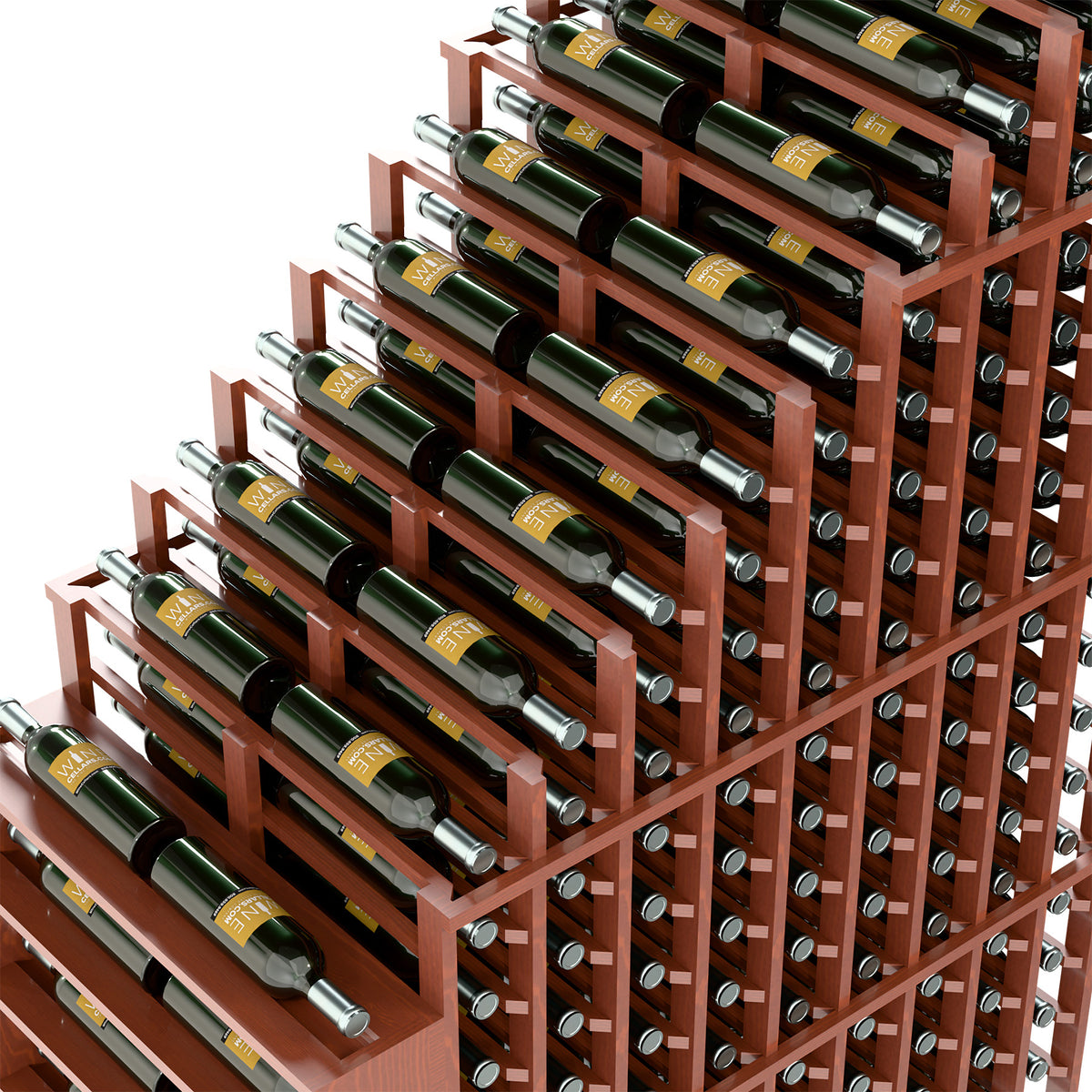 Double deep wine rack detail with reddish shelves, metal pegs, and multiple bottle slots.