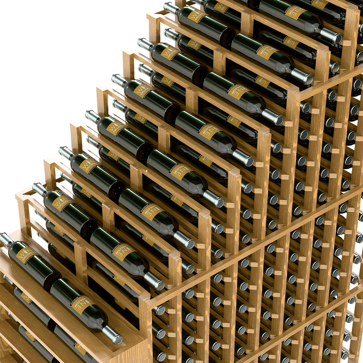 Natural wood wine rack showing multiple bottle rows with metal bottle supports