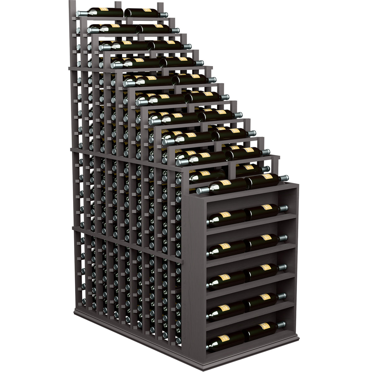 Dark wood wine bottle display rack with cascading rows and side end panel