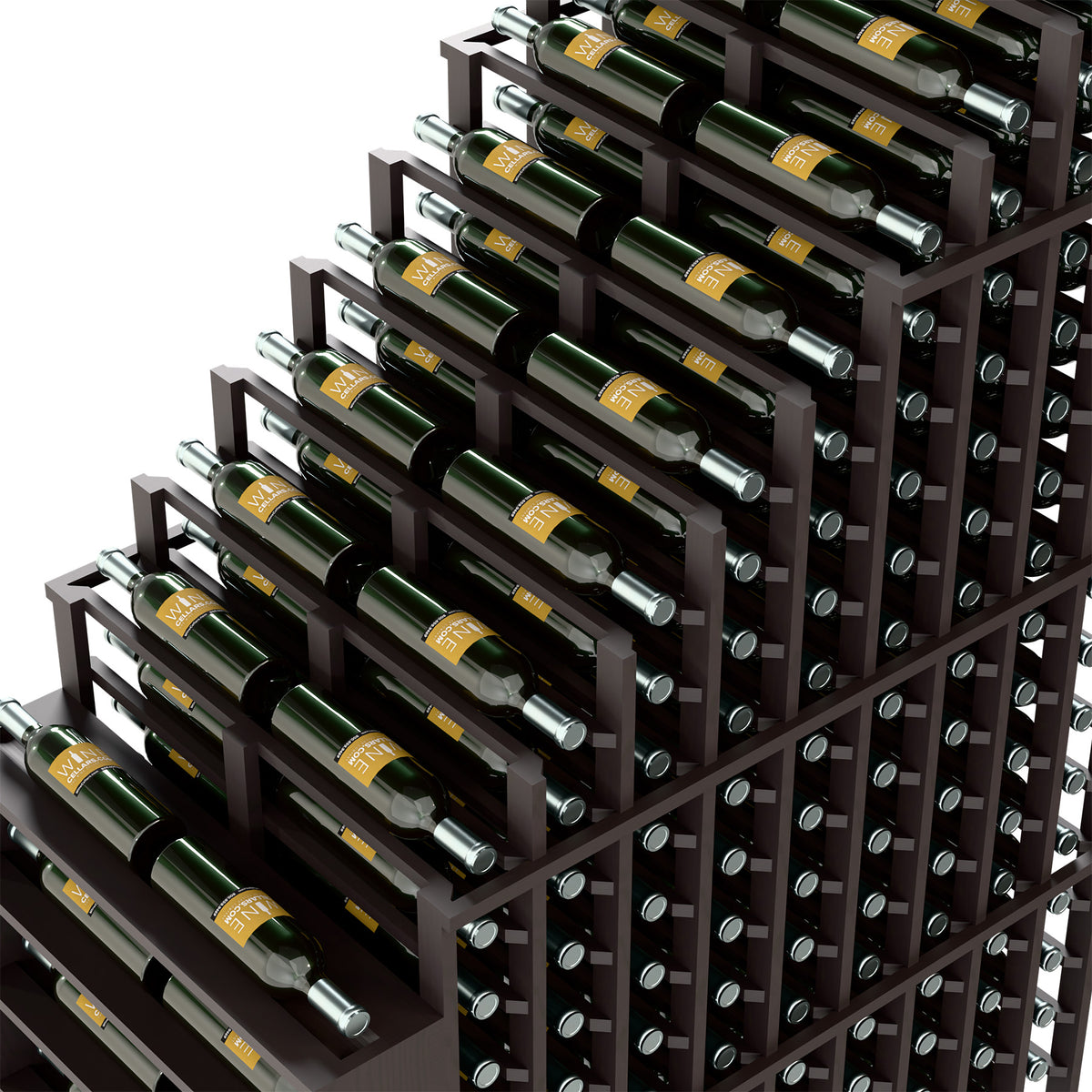Dark wine rack close-up with circular metal bottle holders and horizontal slots
