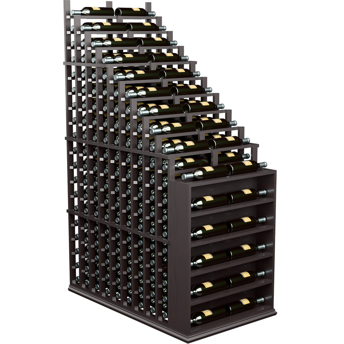 Dark wood wine bottle rack with cascading bottle slots and front staggered holders