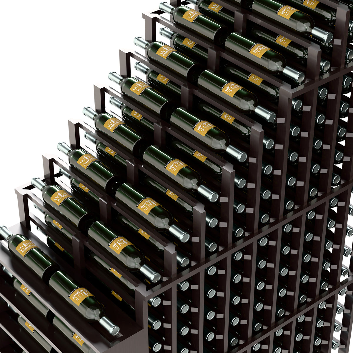 Dark wood wine rack corner close-up with multiple bottle rows and metal pegs