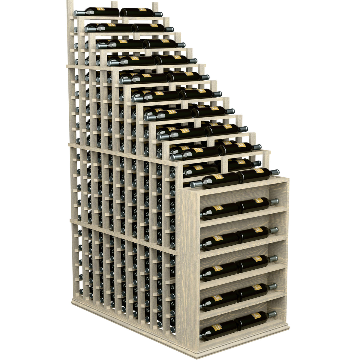 Wood wine rack with cascading double row slots, holds bottles with metal neck rests