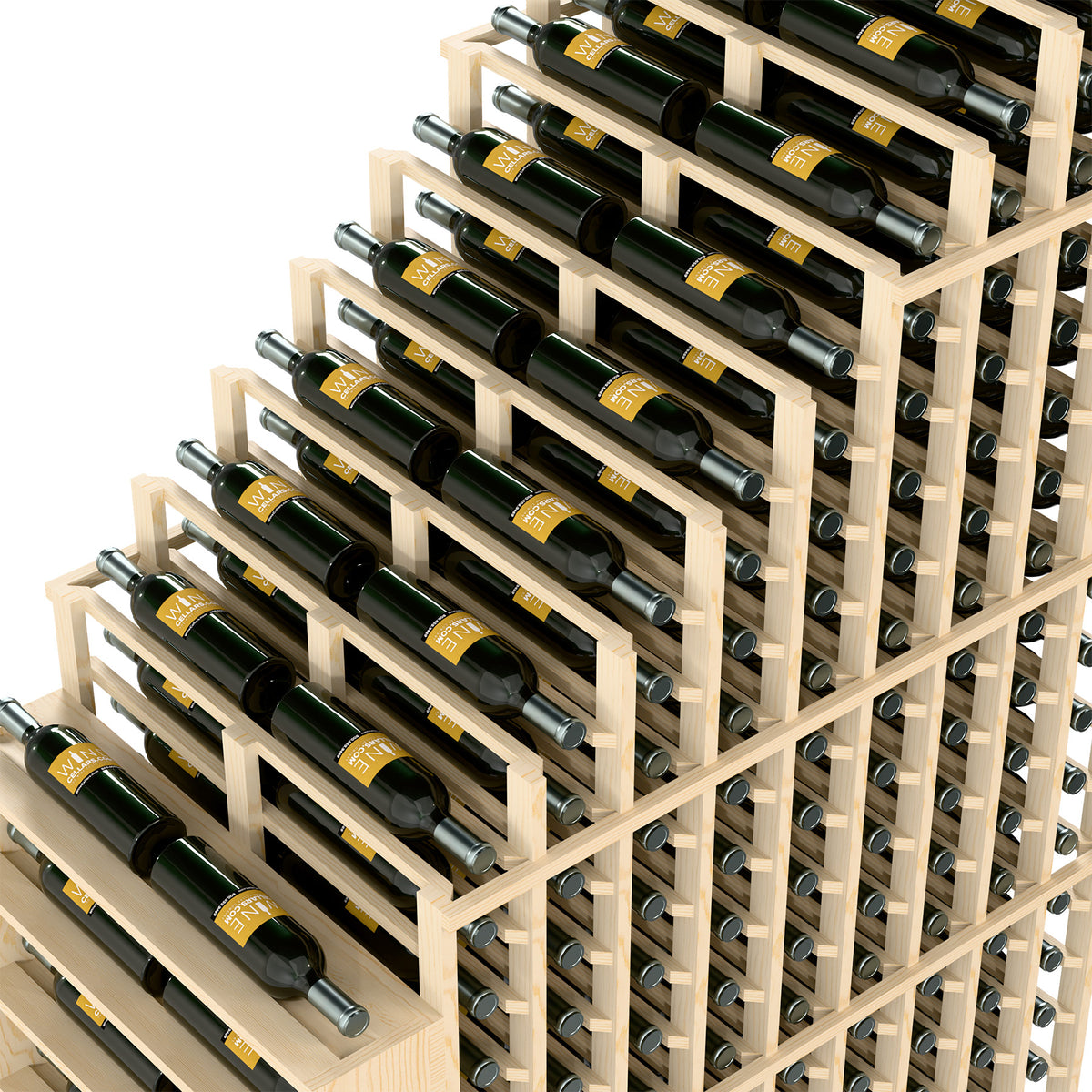 Diagonal view of double deep wine rack with green bottles in front rows and columns