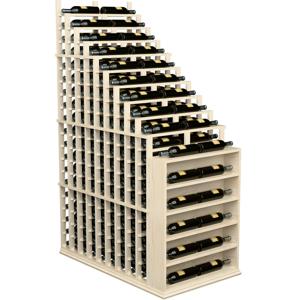 Wine rack display stand with cascading double slots and metal bottle supports
