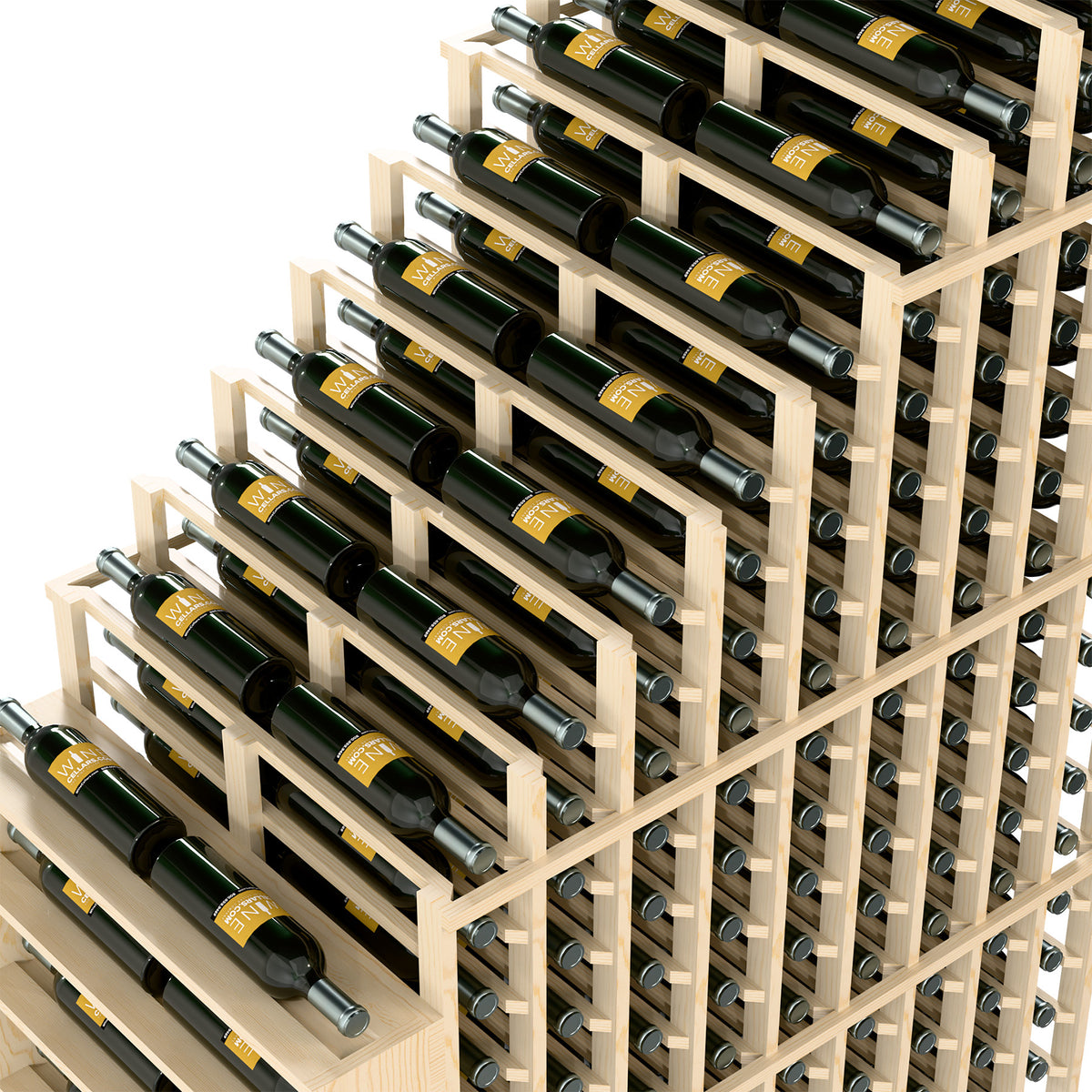 Corner section of cascading double wine rack with bottle slots and metal neck rests
