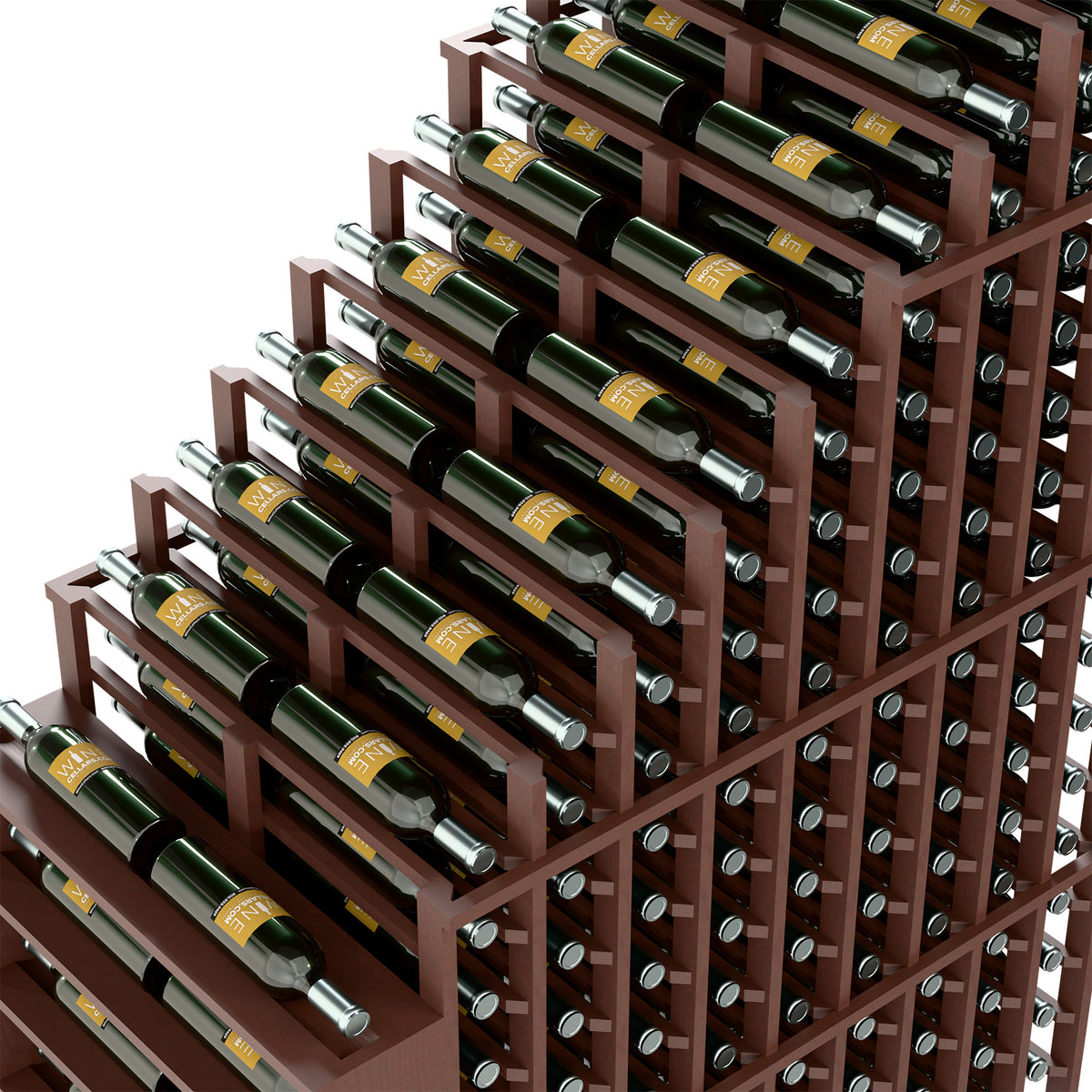 Close-up of dark wood double deep wine rack with green bottles and metal holders